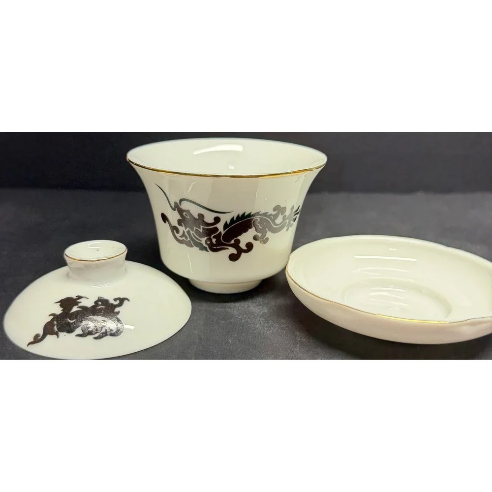 Vintage Chinese Porcelain Gaiwan Tea Set White Gold Rim‎ Dragon Calligraphy 3pc